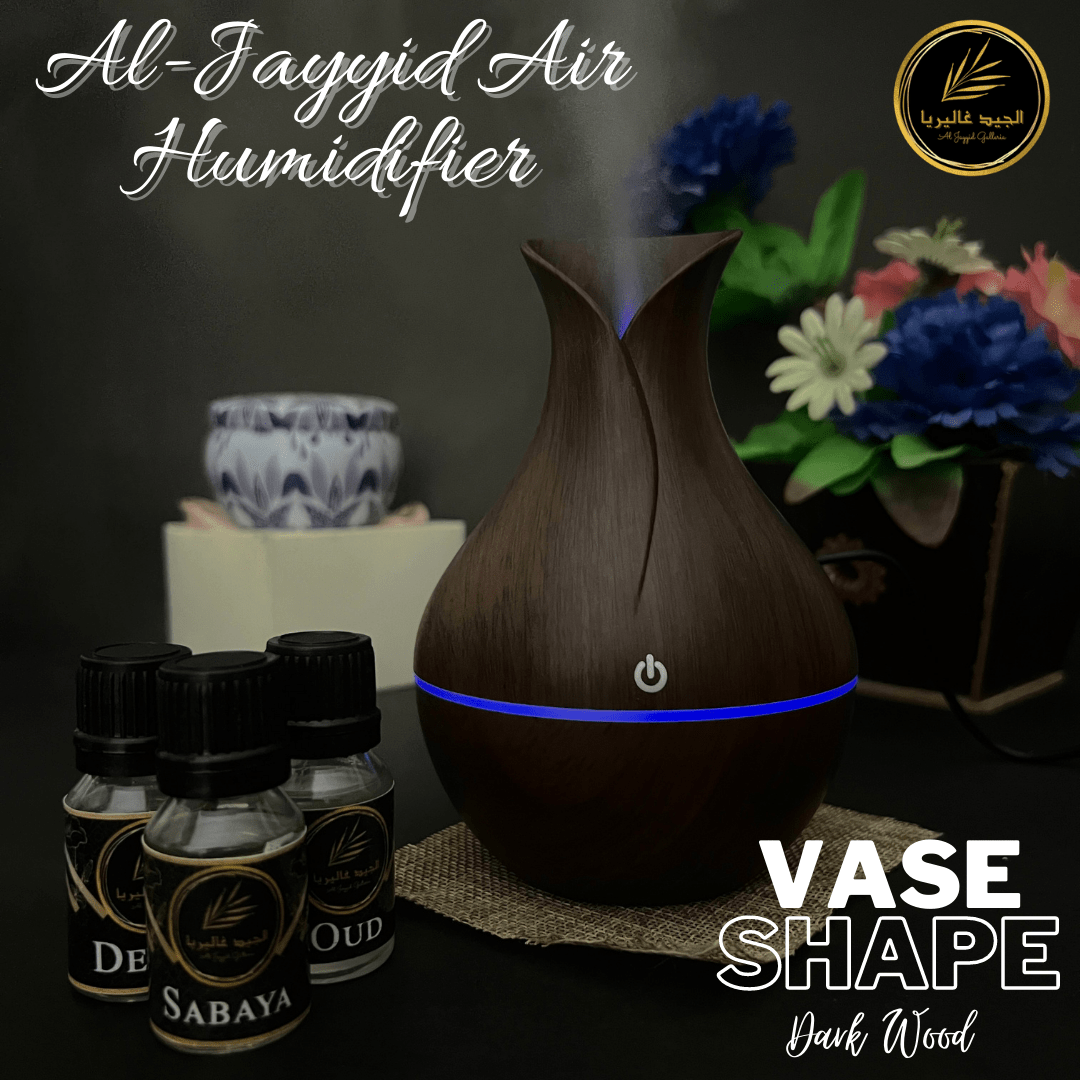 A. Al Jayyid Air Humidifier (VASE SHAPE - DARK WOOD) with 3 free fragrances | Aroma Diffuser | Oud, Sabaya, Desire.