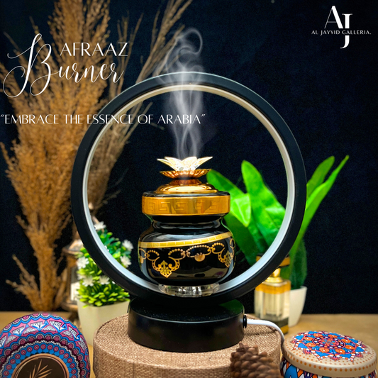 Afraaz bakhoor in a round shape with black & golden colour.