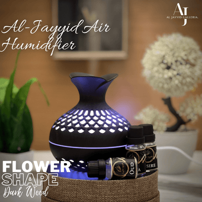 Air Humidifier Flower Shape in dark wood colour by Al Jayyid Galleria with blue colour light.