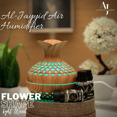 Air Humidifier Flower Shape in light wood colour with light blue colour light.