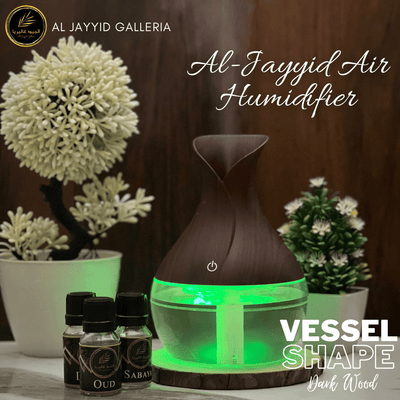 Air Humidifier Vessel Shape by Al Jayyid Galleria in dark wood colour. with 3 free scents & colourful lights