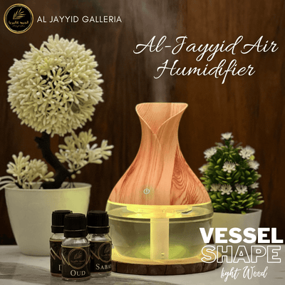 Air Humidifier Vessel Shape by Al Jayyid Galleria in light wood colour with 3 free scents Oud, Sabaya & Desire.