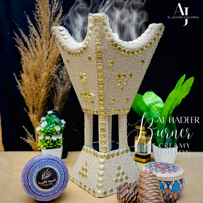 Al-Hadeer Special Bakhoor Burner creamy edition with an elegant design by Al Jayyid Galleria With FREE Bakhoor Jars + Lighter + Coal Packet