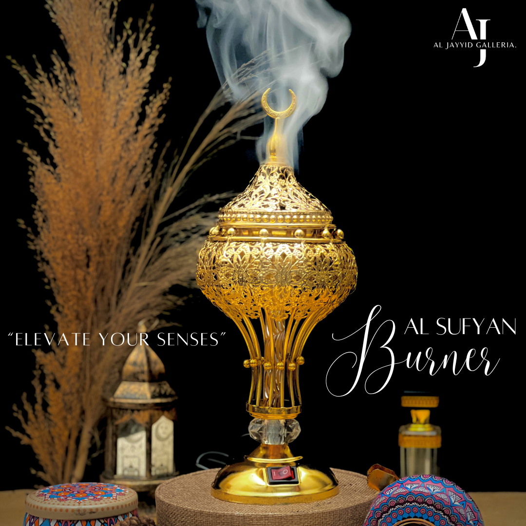 Al Sufyan 'السفیان' Bakhoor Burner elevate your senses with the top scents of bakhoors placed on a wooden floor for perfect arabic style by Al Jayyid Galleria