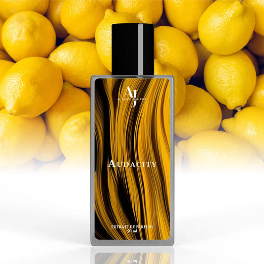 Audacity perfume bottle with fresh lemon and ginger top notes for a bold, invigorating scent for men.