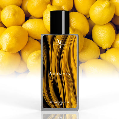 Audacity perfume bottle with fresh lemon and ginger top notes for a bold, invigorating scent for men.