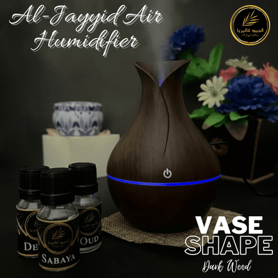 Air Humidifier by Al Jayyid Galleria in Vase shape, dark wood colour, with 3 free fragrances.