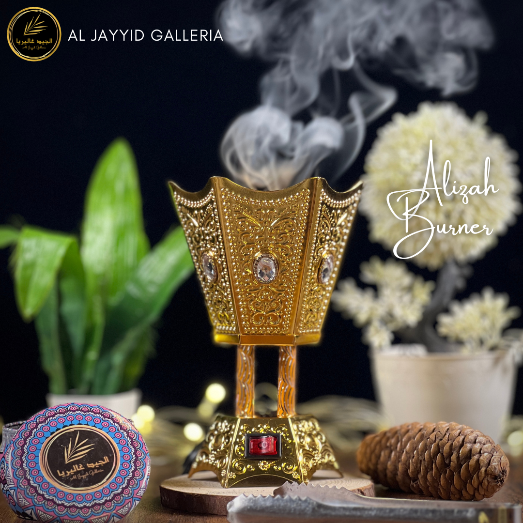 Electric bakhoor burner in golden colour for a peaceful surrounding with this sleek efficient bakhoor burner by Al Jayyid Galleria