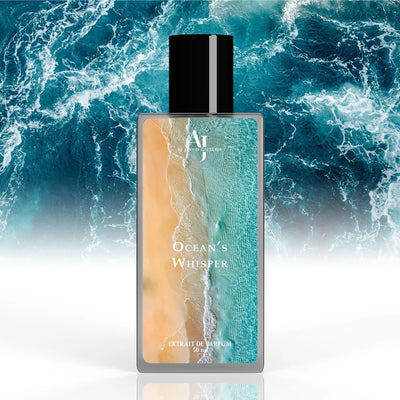 Oceans Whisper perfume bottle with refreshing peppermint and lavender top notes for a cool, invigorating scent for men.