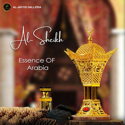 Al-Sheikh 'الشيخ' electric Bakhoor Burner, essence of arabia placed on wooden board.